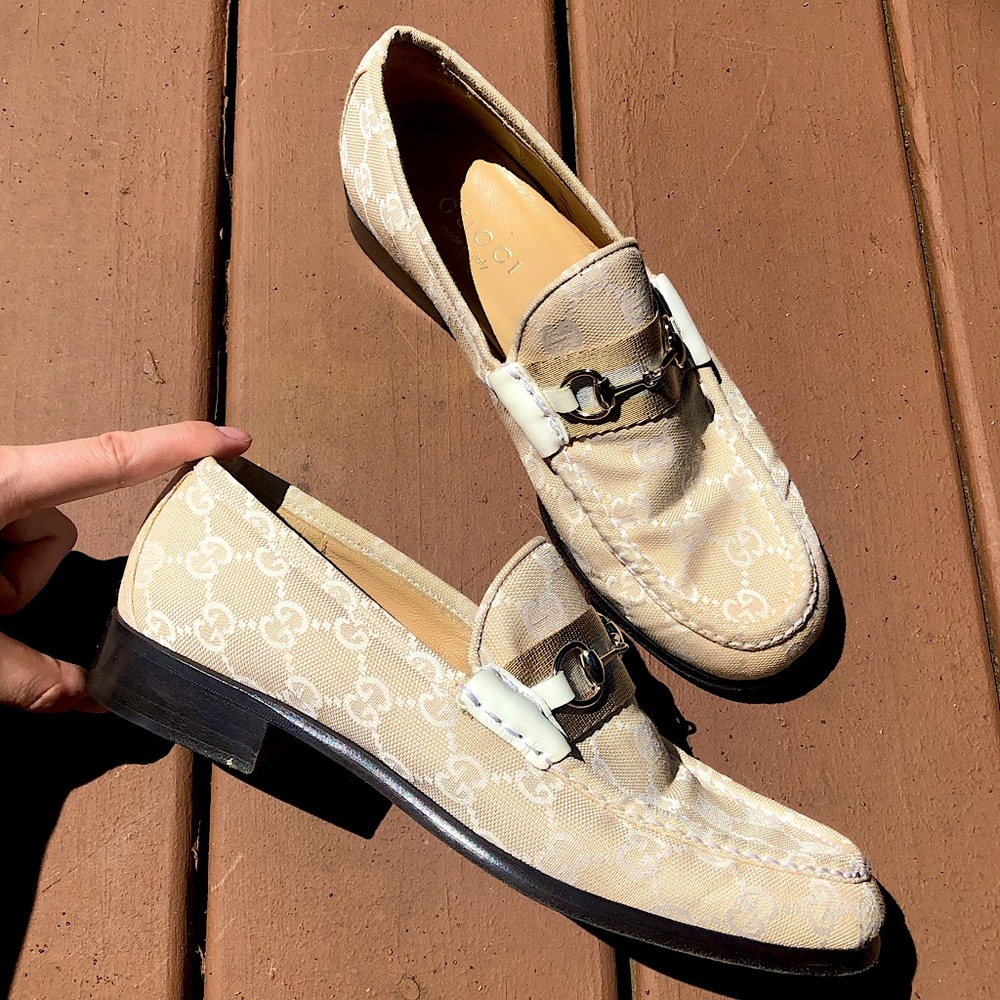 Cream & Beige Gucci GG Canvas Horsebit Loafers